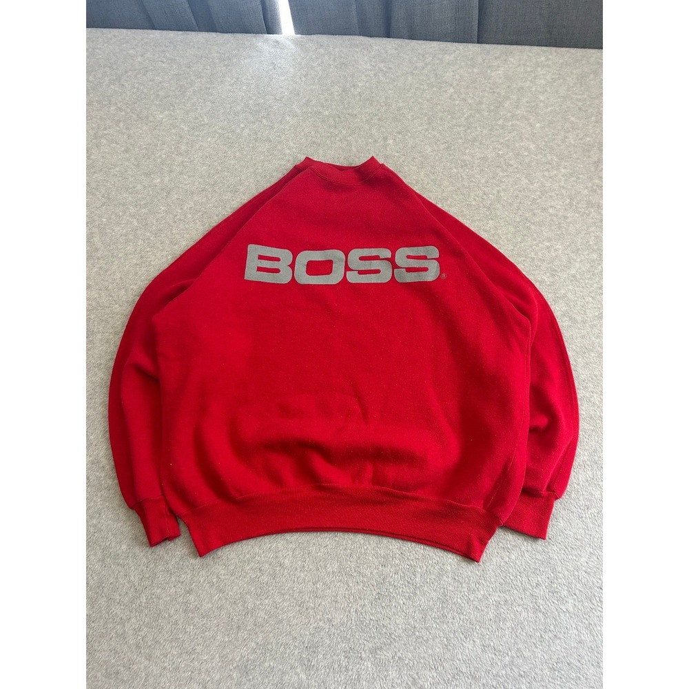 Vintage Hugo BOSS Sweater Mens XL Red 90s Spell Out Logo Made in USA Raglan